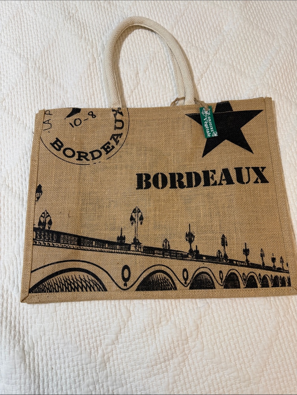 Bordeaux Natural Jute Tote Bag with Black Print